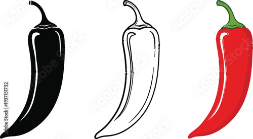 Chili Pepper Icon Set Line Art and Colored Vector Illustration of Hot Red Chili Vegetable for Food and Spice Design
