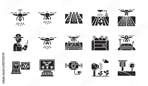Modern agricultural technology icons set for precision farming