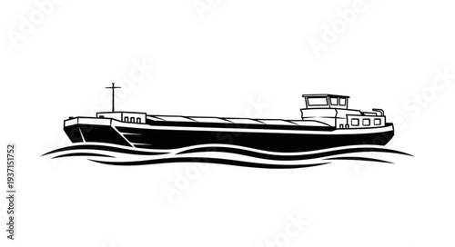 Black and white illustration of a cargo ship sailing on the water, transporting goods.