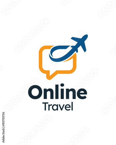 Online Travel Agency Logo Airplane Flying Through Speech Bubble.