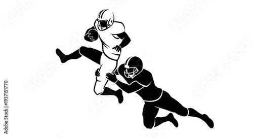 Football players in action, one leaping over another, black and white illustration.