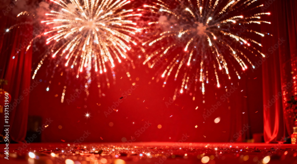 Obraz premium Vibrant Fireworks Display on Red Stage Curtains