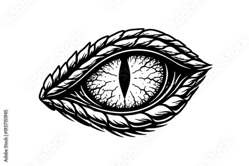 Black and white vector art of a powerful reptilian eye with a vertical slit pupil, intricate veiny iris, and scaled eyelids. Evokes dark fantasy, ancient power, predatory intensity. Ideal for tattoo d