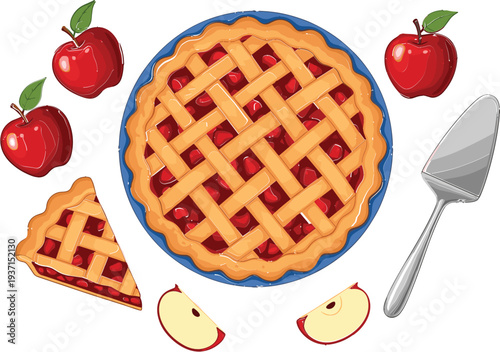 Apple Pie Dessert Collection Cartoon Vector Illustration of Homemade Fruit Pie with Slice Apples and Serving Spatula
