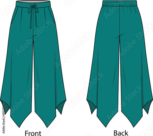 Teal asymmetrical wide leg pants fashion technical sketch with drawstring waist, front and back view apparel design template for clothing production, sewing pattern and fashion illustration