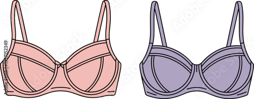 Women underwire bra set technical fashion illustration, classic lingerie bra front view apparel template, feminine underwear design line drawing
