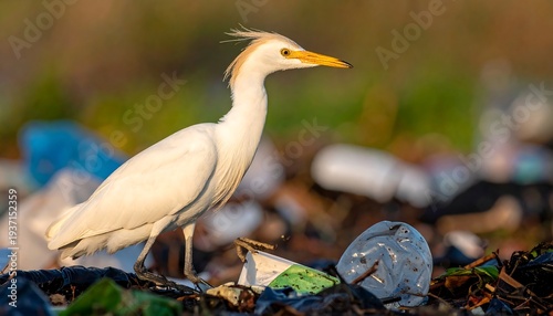 A white egret stands in a landfill, with a slightly ruffled crown and yellow beak in soft, blurred light