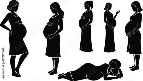 Collection of black pregnant woman silhouettes in various poses and dresses isolated on white background for motherhood maternity health and family planning design concepts