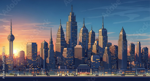 City Skyline with Tall Skyscrapers at Sunset.