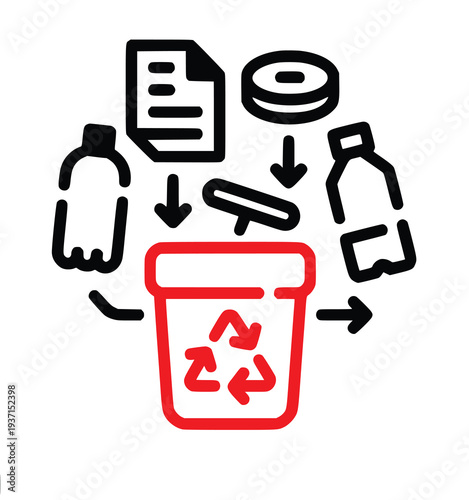 Recycling symbol with various waste materials being disposed