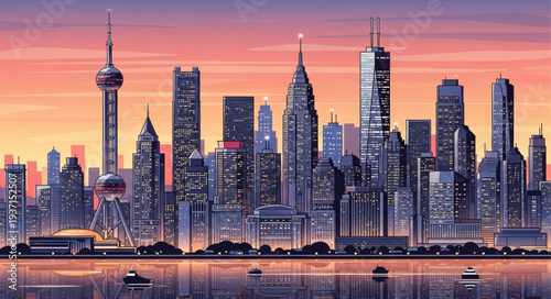 Modern City Skyline with Skyscrapers at Sunset.