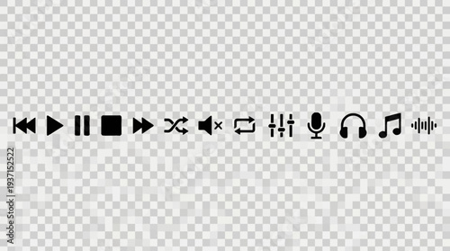 Collection of black media control icons on transparent background.