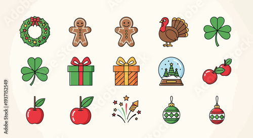 Holiday icons festive symbols and decorations