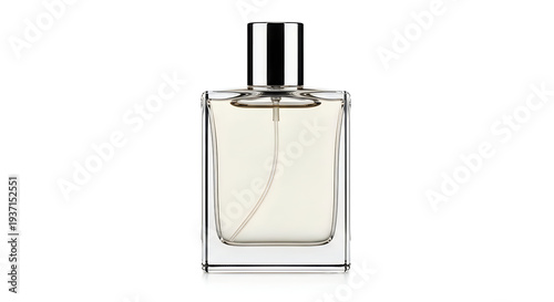 Wallpaper Mural A clear glass perfume bottle with a silver cap on a white background Torontodigital.ca