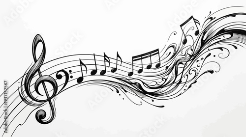 Elegant black and white musical notes illustration with treble clef.