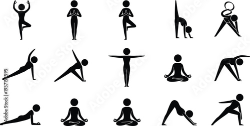Collection of sixteen black silhouette icons showing diverse yoga poses in grid arrangement, representing fitness, meditation, wellness, exercise, and
