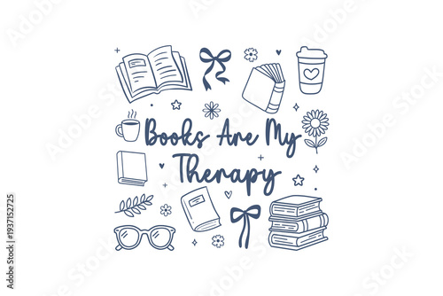  Books Are My Therapy Cute Reading Doodle Collage T Shirt Design