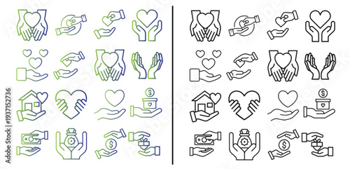 Charity and donation icon set with helping hands and heart symbols in editable gradient and black outline styles