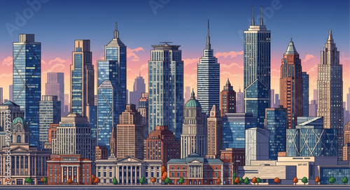 Modern City Skyline with Tall Skyscrapers and Urban Architecture.