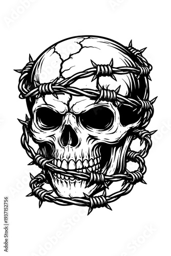 Haunting monochrome illustration of a cracked human skull intricately entangled and bound by sharp, ominous barbed wire, evoking themes of suffering, captivity, and dark rebellion in a powerful, edgy,