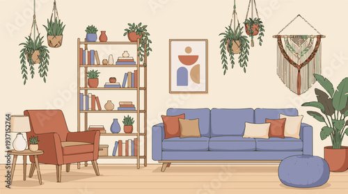 Cozy modern living room interior with comfortable furniture and plants