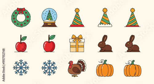 Holiday icons festive symbols and elements