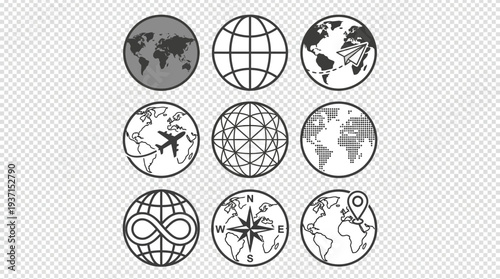 Set of black and white Earth globe icons with various designs.