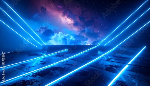 A platform bathed in bright blue neon glows against a stunning nebula sky, creating a futuristic, cosmic ambiance