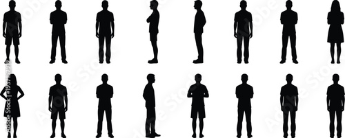 Collection of male and female silhouettes in various standing poses front back and side views isolated on white background vector