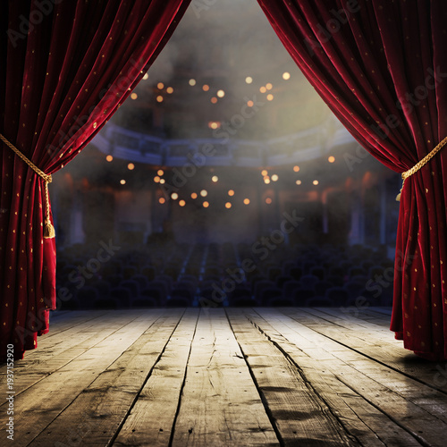 Stage is set for a dramatic performance with red curtains and soft lights in a theater at night