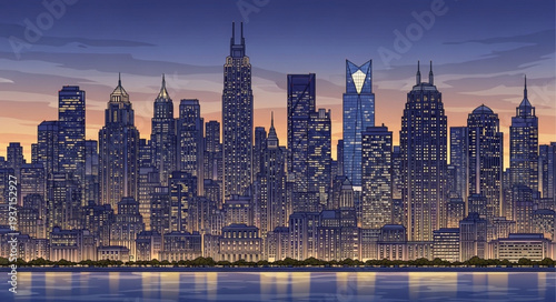 City Skyline at Night with Illuminated Skyscrapers.