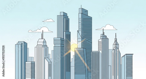 Modern City Skyline with Tall Skyscrapers and Glass Facades.