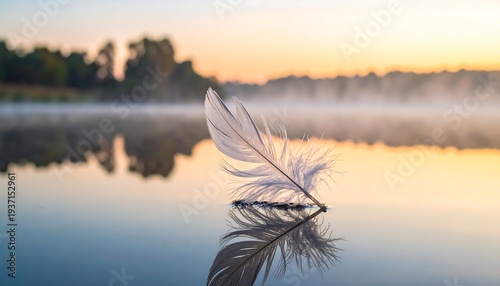 A white feather rests on misty lake, mirrored perfectly, with a soft, golden sunrise sky in the background