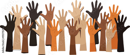 Diverse illustrated hands raised together in unity, symbolizing inclusion, equality, solidarity, community support, collective participation, multicultural diver