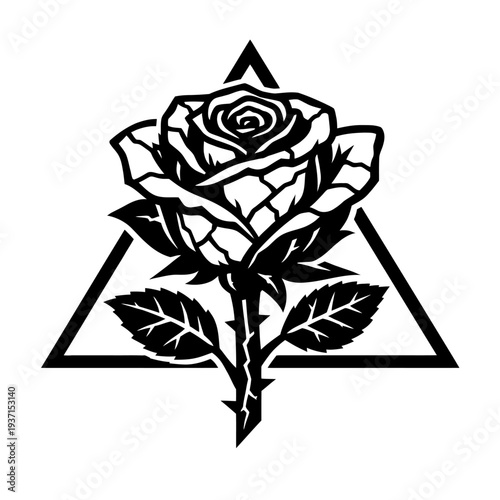 Black and white rose vector in a triangle. Stylized floral artwork with thorns, leaves. Perfect for tattoos, logos, apparel, gothic designs. Modern, elegant, strong, beautiful graphic illustration. Mi