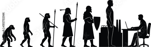 Evolution of mankind silhouette from primitive ape and ancient hunter to medieval warrior industrial worker and modern professional businessman working on a laptop computer.