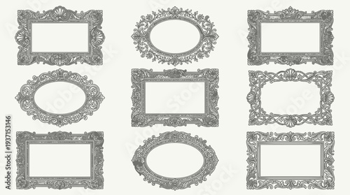 Collection of ornate picture frames in various shapes and designs.