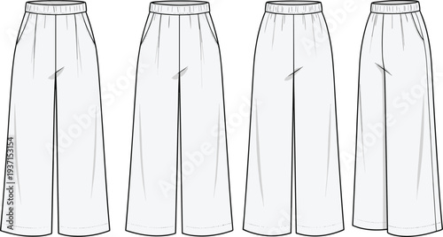 Technical fashion sketch of wide leg trousers with front and back views, detailed apparel flat template for clothing manufacturing, pattern making and fashion design