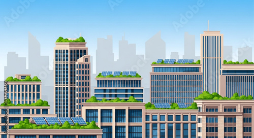 Modern Cityscape with Skyscrapers and Green Rooftops.