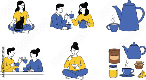 People drinking tea illustration set, cozy tea time scenes, teapot cup collection, relaxing lifestyle moments, flat vector characters