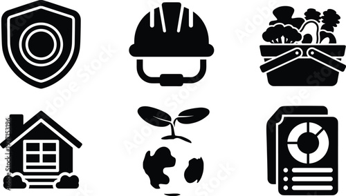 Security shield, hard hat, basket of food, house, plant, chart icons