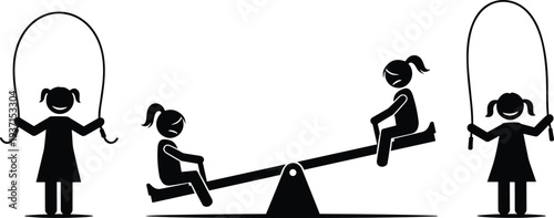 Happy young girl skipping with jump rope and children playing on seesaw icon set featuring black stick figure silhouettes isolated on white background vector illustrations.