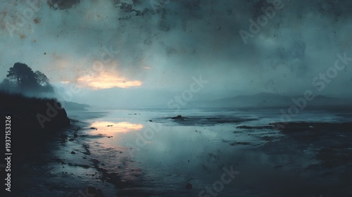 A serene coastal landscape with a moody atmosphere reflecting the sunset, misty sky above and calm water below