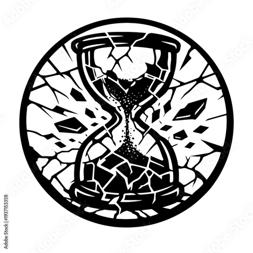 Shattered Timepiece Emblem: A powerful black and white vector illustration of a broken hourglass encased in a fractured circular frame, symbolizing fragility, decay, and the relentless, irreversible p