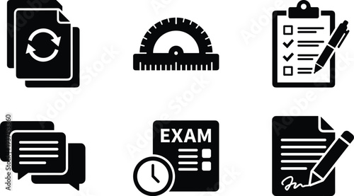 Document refresh icons, protractor, clipboard with pen, speech bubbles, exam clock