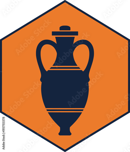 Ancient amphora pottery vase icon inside hexagon geometric badge modern greek artifact symbol minimal vector illustration for history design