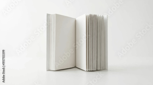 Two white blank books standing upright on a white surface.