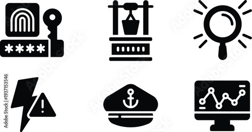Biometric login and water well icons with magnifying glass and captain hat signs