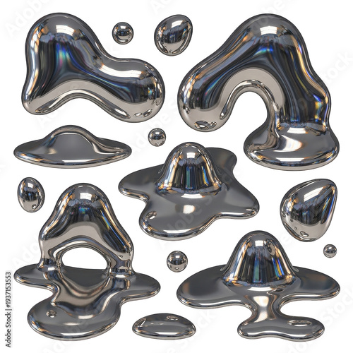 Shiny metallic blobs floating in mid-air with reflective surfaces