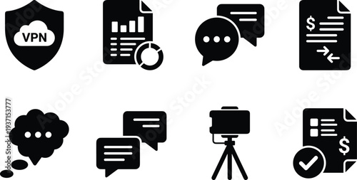 Set of 8 simple black vector icons such as shield, document, chat bubbles, invoice